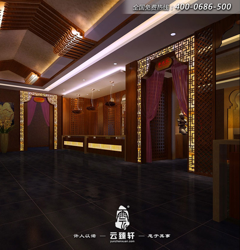 該會所分區(qū)明確，這是其中“泰式區(qū)”門廳的裝修效果